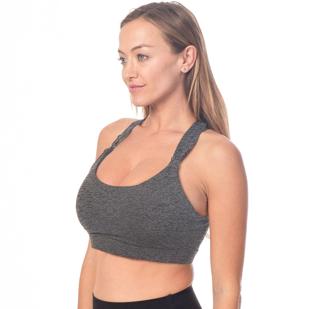 Chloe 3 Running Nursing Sports Bra, gray, strappy back, supportive, stylish, mid high impact, mid high coverage