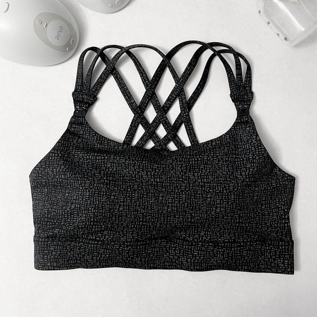Chloe 4 High Impact running nursing & pumping sports bra, B-G cups, large breasts, strappy back, adjustable, black, sweat and milk