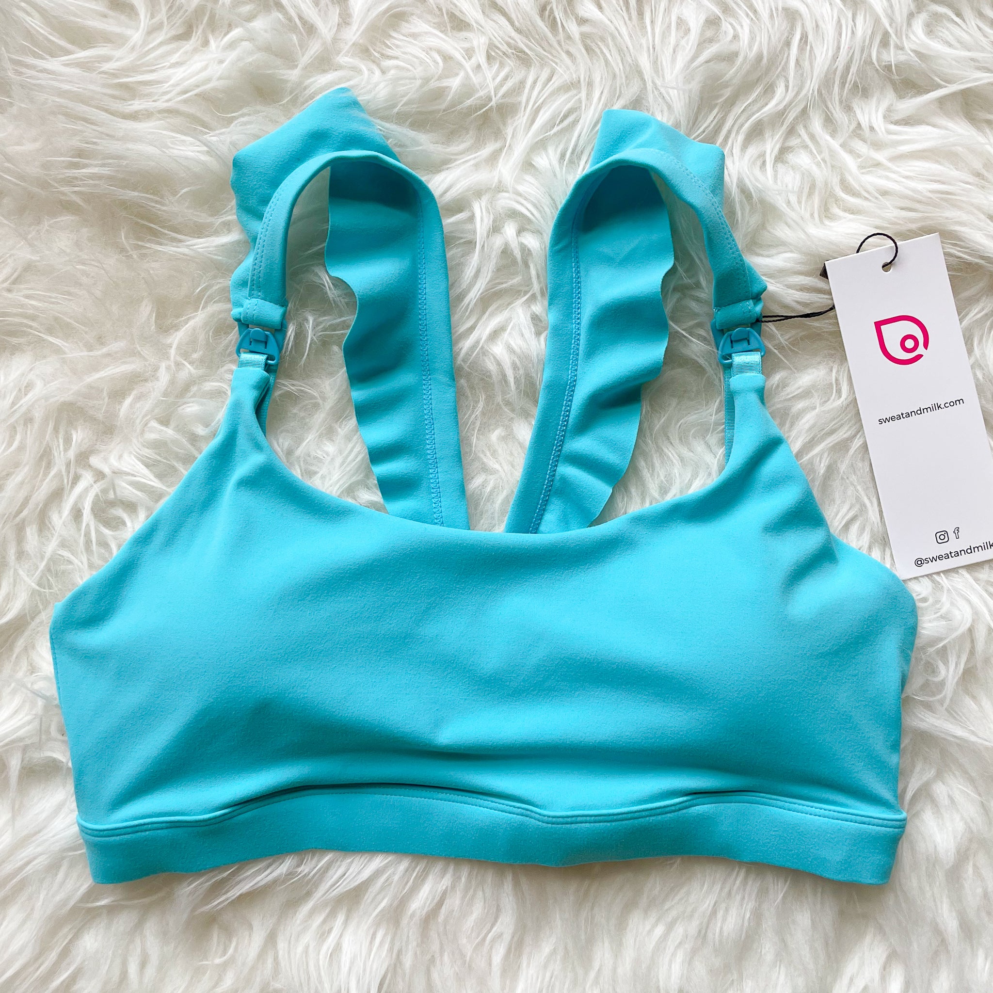 Madison Ruffle Nursing Sports Bra, Medium support, running, largest breast, aqua