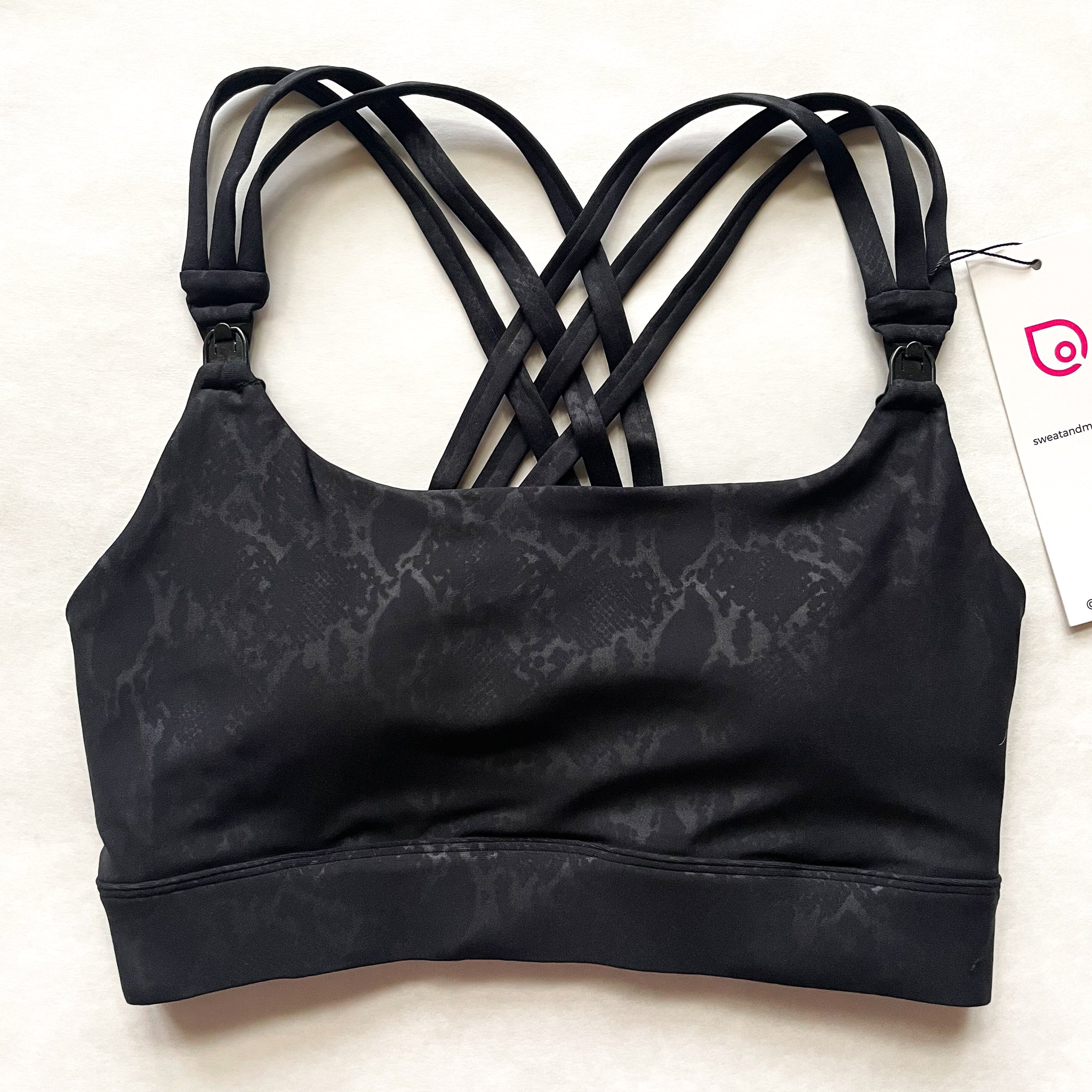 Chloe 4 Running Nursing and Pumping Sports Bra, black, strappy back, supportive, stylish, mid high impact, high coverage, supportive, large chest, black, sweat and milk