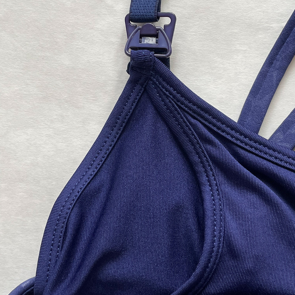 Chloe 4 Running Nursing and Pumping Sports Bra, black, strappy back, supportive, stylish, mid high impact, high coverage, supportive, large chest, navy, sweat and milk