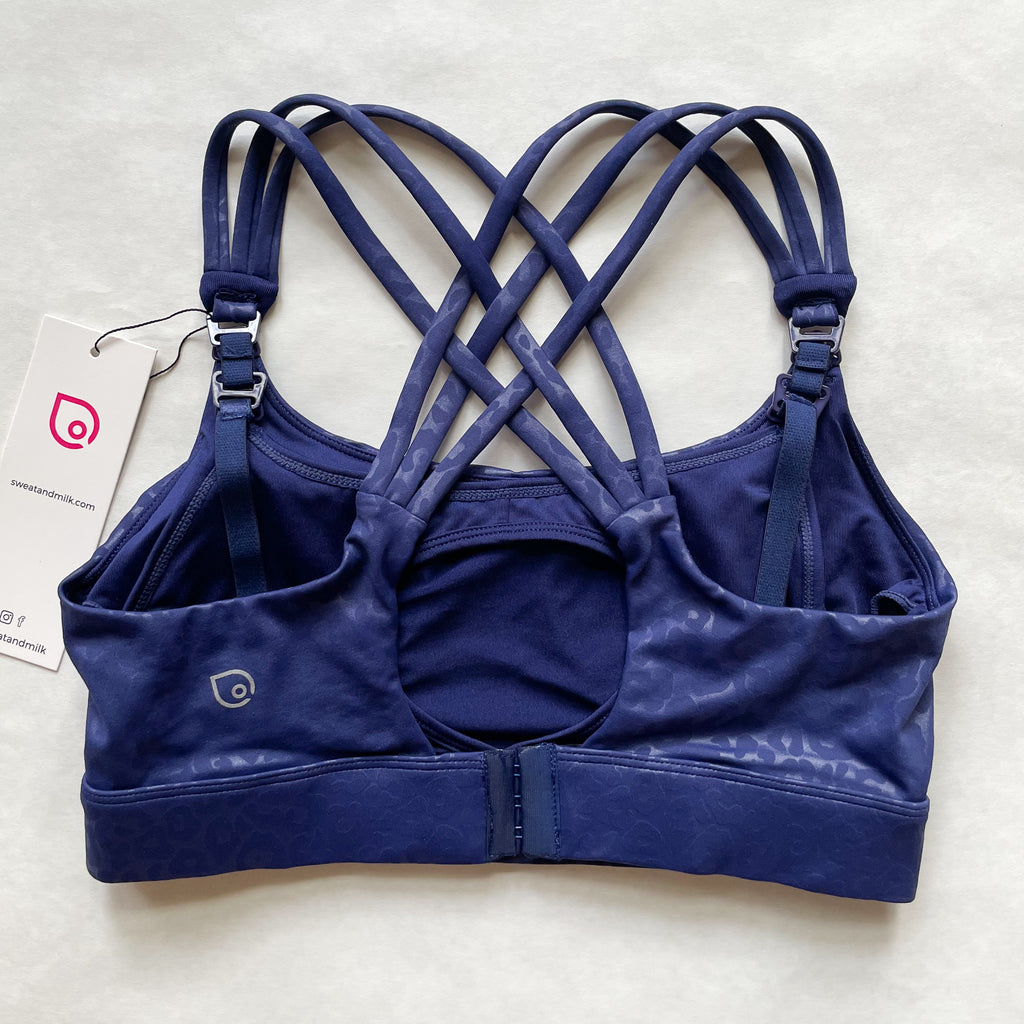 Chloe 4 Running Nursing and Pumping Sports Bra, black, strappy back, supportive, stylish, mid high impact, high coverage, supportive, large chest, navy, sweat and milk