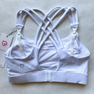 Chloe 4 Running Nursing and Pumping Sports Bra, black, strappy back, supportive, stylish, mid high impact, high coverage, supportive, large chest, white floral, sweat and milk