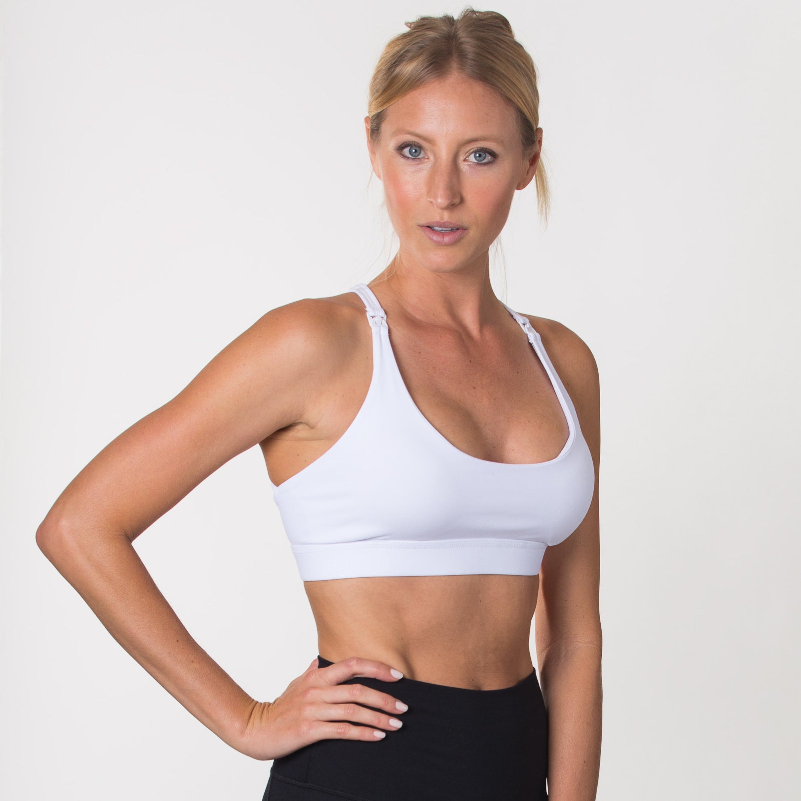 Nursing Sports Bra, strappy, white, Oceane 2 - Sweat and Milk LLC