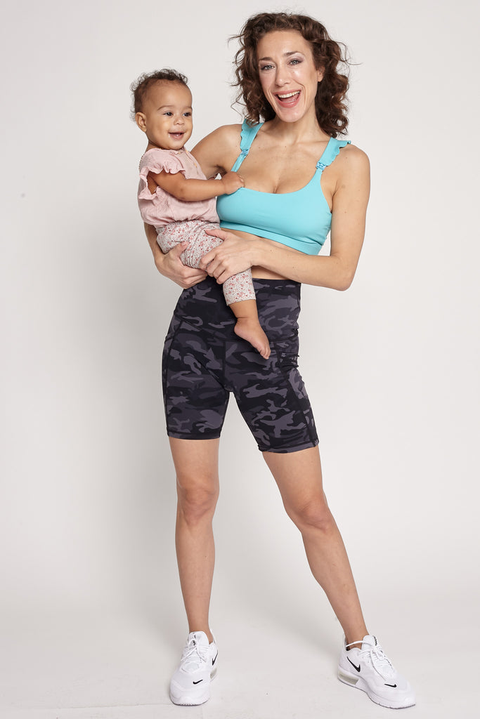 Madison Ruffle Nursing Sports Bra, Medium support, running, largest breast, aqua