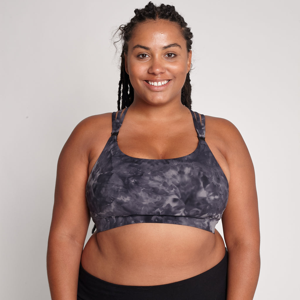 Chloe 4 Running Nursing and Pumping Sports Bra, black, strappy back, supportive, stylish, mid high impact, high coverage, supportive, large chest, black tie dye, sweat and milk