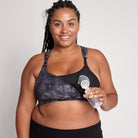 Chloe 4 Running Nursing and Pumping Sports Bra, black, strappy back, supportive, stylish, mid high impact, high coverage, supportive, large chest, black tie dye, sweat and milk